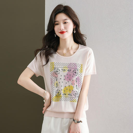 冰丝短袖t恤，宽松薄款圆领针织衫时尚印花洋气上衣CC-38-360 商品图1