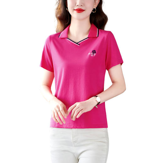 翻领短袖t恤女宽松2023夏季新款刺绣V领上衣T恤妈妈polo衫QYM-3534 商品图4