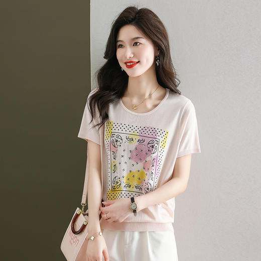 冰丝短袖t恤，宽松薄款圆领针织衫时尚印花洋气上衣CC-38-360 商品图3