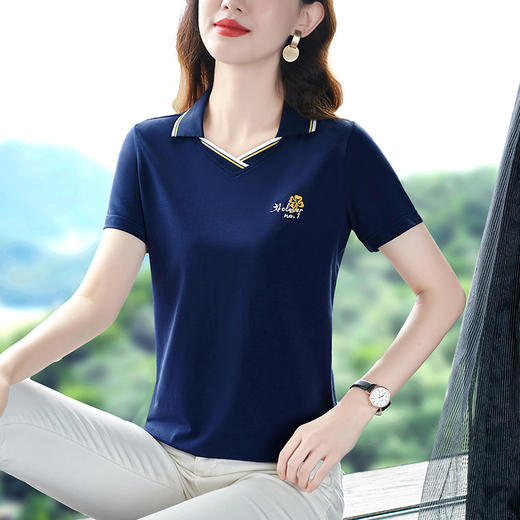 翻领短袖t恤女宽松2023夏季新款刺绣V领上衣T恤妈妈polo衫QYM-3534 商品图3