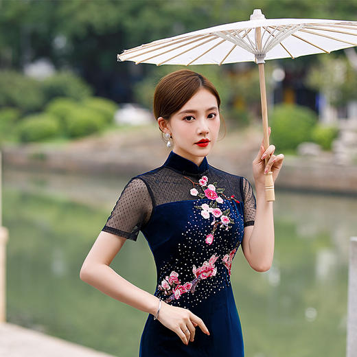 走秀旗袍新款年轻款中国风改良版复古气质演出服优雅亮钻YD150 商品图6