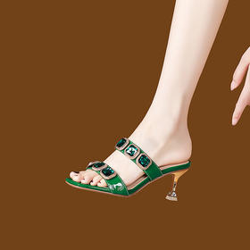 新款外穿，高跟细跟白色绿色皮拖真皮水钻韩版凉拖鞋PLGZ-D109-1