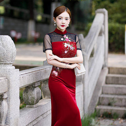 走秀旗袍新款年轻款中国风改良版复古气质演出服优雅亮钻YD150 商品图2