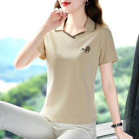 翻领短袖t恤女宽松2023夏季新款刺绣V领上衣T恤妈妈polo衫QYM-3534
