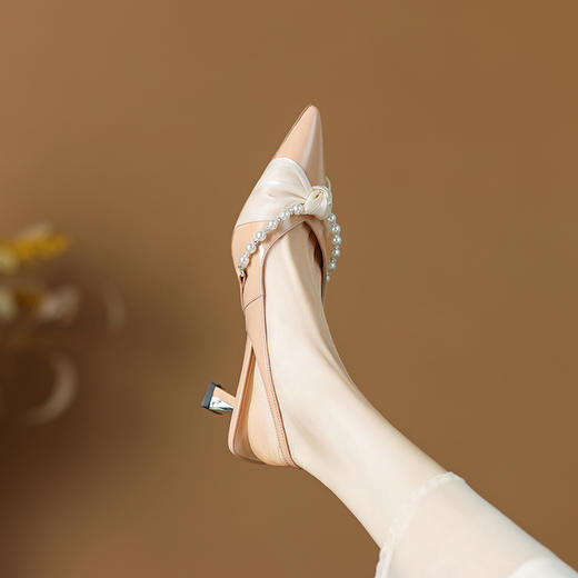 甜美温柔，尖头真皮珍珠高跟凉鞋XDD-6007F 商品图4