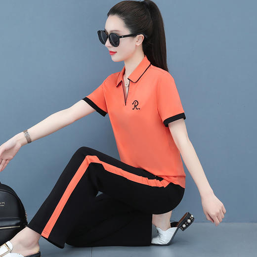 SP-103-23119X翻领休闲运动服套装女士2023年夏季新款刺绣减龄白色阔腿裤两件套 商品图3