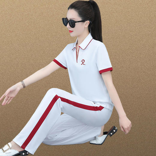 SP-103-23119X翻领休闲运动服套装女士2023年夏季新款刺绣减龄白色阔腿裤两件套 商品图0