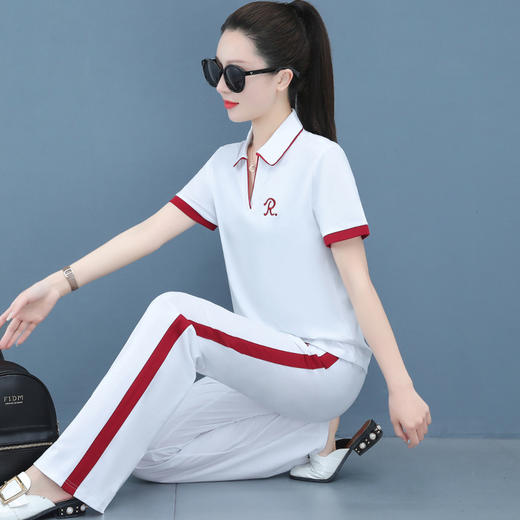 SP-103-23119X翻领休闲运动服套装女士2023年夏季新款刺绣减龄白色阔腿裤两件套 商品图4