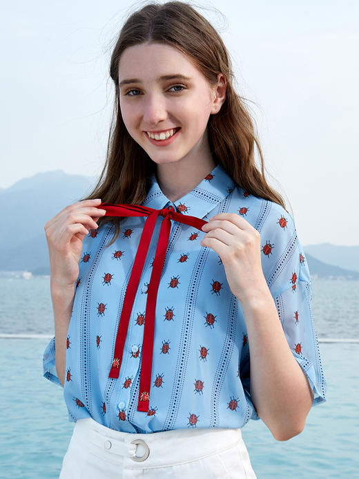 OLrain法式高级穿搭波点领衬衫女夏季2022宽松蝴蝶结撞色衬衣 商品图0