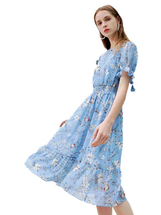 OLrain法式高级穿搭碎花雪纺连衣裙女夏季2022收腰气质桔梗裙 商品图3