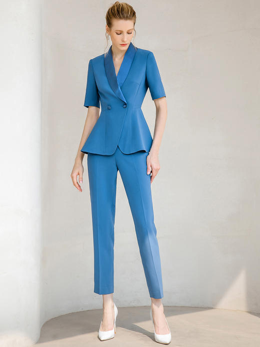 夏季蓝色青果领西装小脚裤套装女职业装正装美容师工作服西服套裤 商品图1