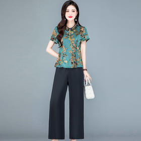 时尚短袖印花小衫，直筒长裤休闲装两件套QYM-237524-Y