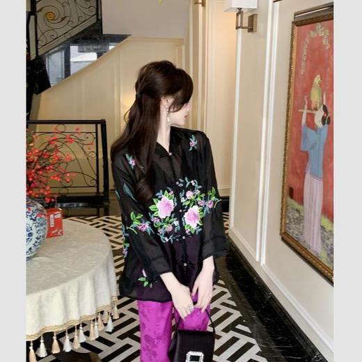 【孤品样衣，不退不换】【人间富贵花】新中式100桑蚕丝刺绣衬衫夏新款 商品图4