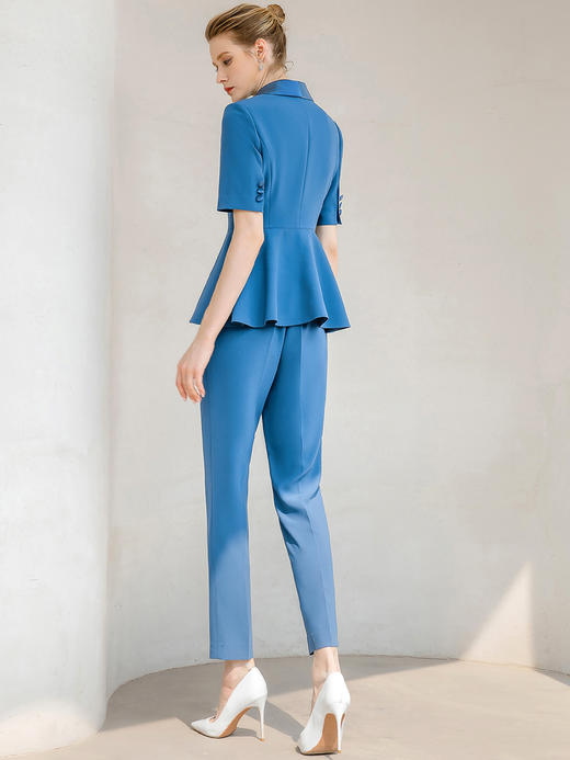 夏季蓝色青果领西装小脚裤套装女职业装正装美容师工作服西服套裤 商品图3