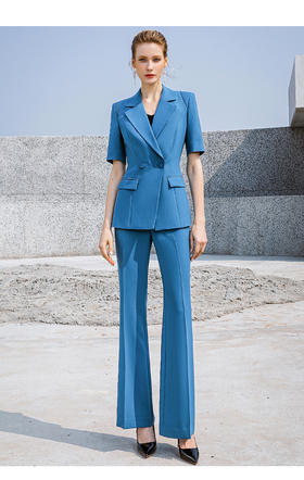 夏季新款蓝色西装微喇裤套装女气质时尚主持人职业装西服