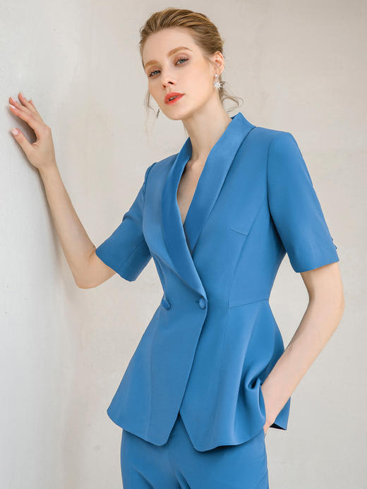 夏季蓝色青果领西装小脚裤套装女职业装正装美容师工作服西服套裤 商品图2