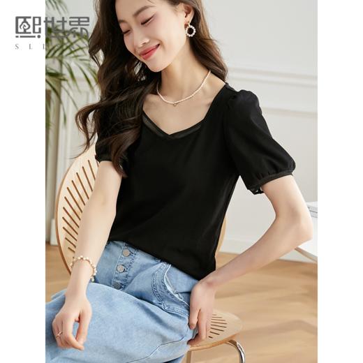 【专属好价】熙世界黑色钻石方领T恤女修身显瘦气质百搭体恤上衣2025夏季新款 商品图0