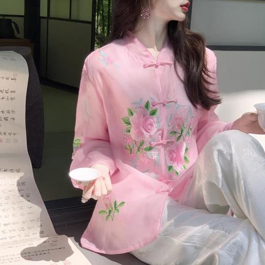 【孤品样衣，不退不换】【人间富贵花】新中式100桑蚕丝刺绣衬衫夏新款 商品图0