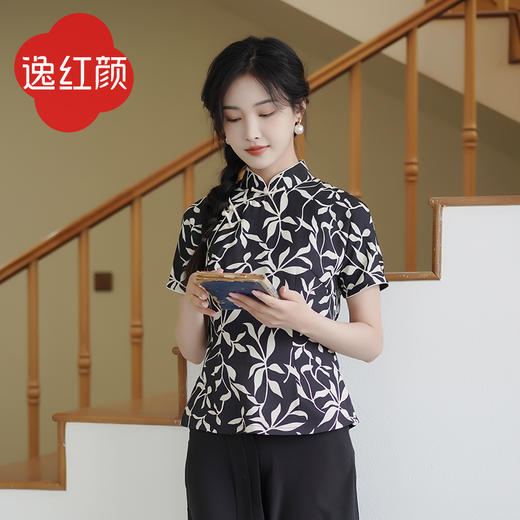 逸红颜柚见2023夏季新款雪纺旗袍上衣古法连肩袖透气雪纺中式上衣 商品图1
