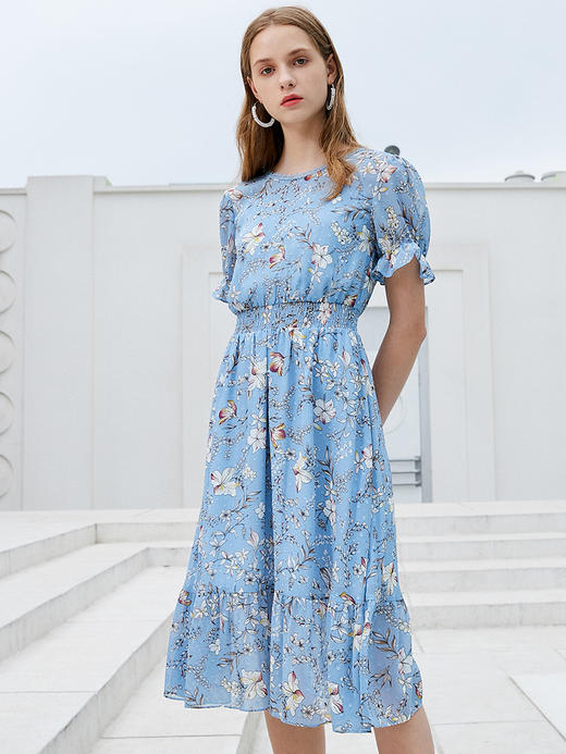 OLrain法式高级穿搭碎花雪纺连衣裙女夏季2022收腰气质桔梗裙 商品图0