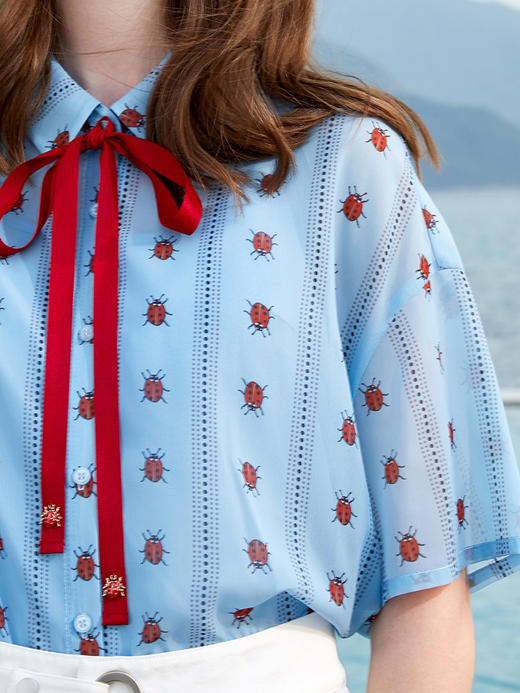 OLrain法式高级穿搭波点领衬衫女夏季2022宽松蝴蝶结撞色衬衣 商品图3