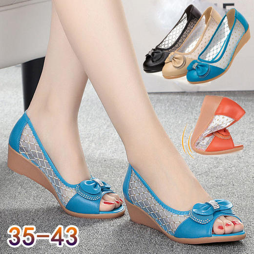 DD- 鱼嘴凉鞋中跟网鞋坡跟单鞋浅口妈妈鞋平底大码软底 商品图1