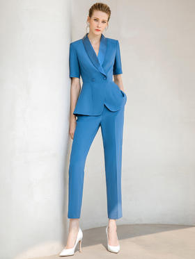 夏季蓝色青果领西装小脚裤套装女职业装正装美容师工作服西服套裤