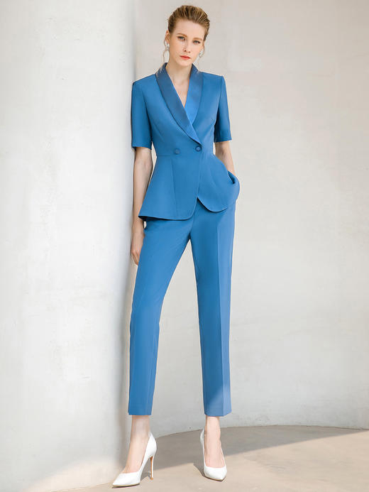 夏季蓝色青果领西装小脚裤套装女职业装正装美容师工作服西服套裤 商品图0