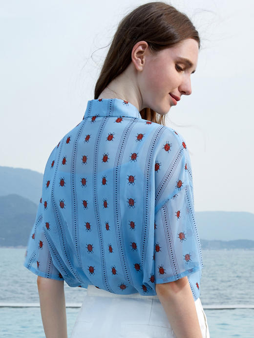 OLrain法式高级穿搭波点领衬衫女夏季2022宽松蝴蝶结撞色衬衣 商品图2