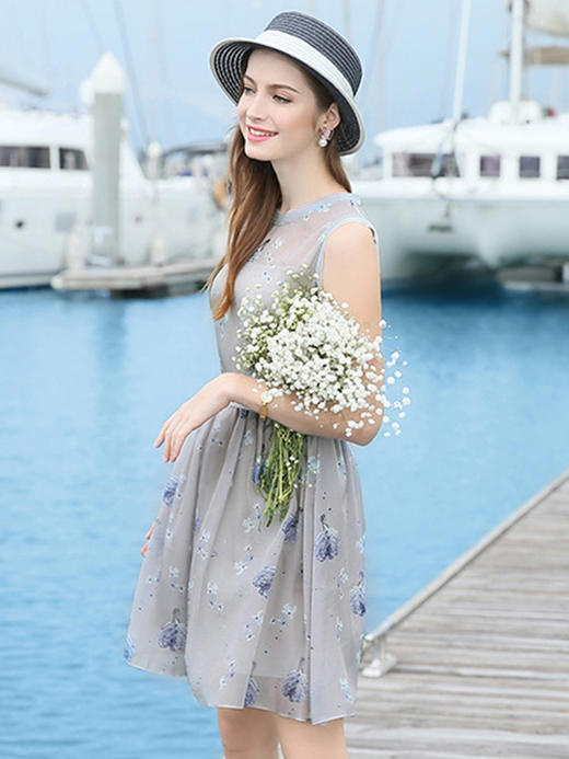 OLrain法式高级穿搭碎花网纱连衣裙女夏季镂空A字蓬蓬裙 商品图3