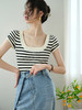 2件立减10元！新款绯雨倾城U型方领条纹冰丝衫 修身短款针织t恤(衣长37cm) 商品缩略图2