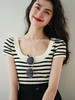 2件立减10元！新款绯雨倾城U型方领条纹冰丝衫 修身短款针织t恤(衣长37cm) 商品缩略图0