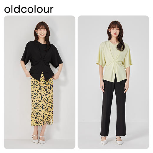 oldcolour2023夏季新款黑色圆领收腰显瘦简约通勤衬衫女O24021201 商品图3