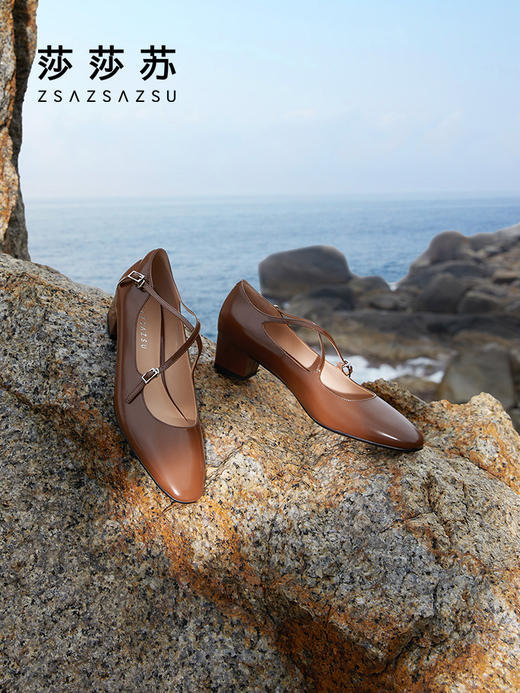 【2F】芭蕾少女莎莎苏2023春夏新款交叉扣方头玛丽珍法式粗跟单鞋小皮鞋 商品图1