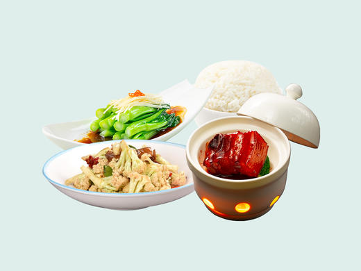 红烧肉+小炒花菜+豉油菜心+米饭 商品图0