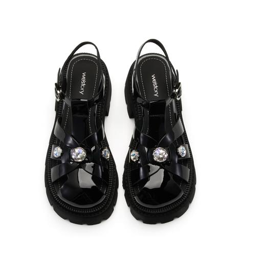 westory女鞋夏季新款圆头厚底粗跟镶钻饰扣交叉绑带凉鞋61741 商品图1