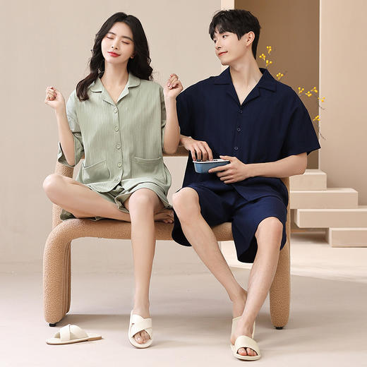 【宅家的艺术感❗️新款夏季情侣睡衣】舒适透气，可居家外穿，不挑身材，选用优质的面料，短袖针织棉纯色开衫翻领男女士家居服套装父亲节礼物优选七夕父亲节礼物新年礼盒年货礼盒 商品图3