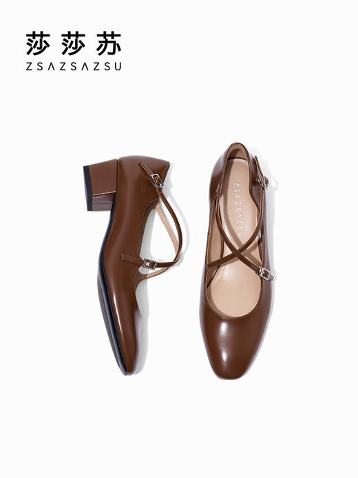 【2F】芭蕾少女莎莎苏2023春夏新款交叉扣方头玛丽珍法式粗跟单鞋小皮鞋 商品图2