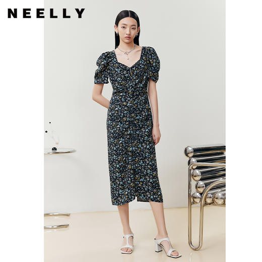 NEELLY纳俪商场同款碎花连衣裙女中长款抽褶拼接泡泡袖A字茶歇裙N23044Y04413 商品图1