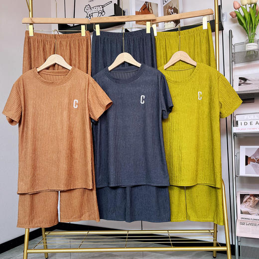 千叶套装女春夏字母刺绣薄款大码短袖短款休闲宽松弹力居家两件套 商品图3