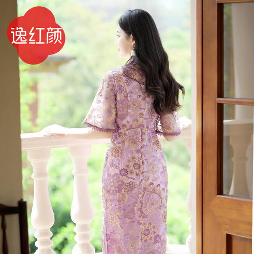 逸红颜茹丁香2026夏季新款连衣裙女刺绣蕾丝喇叭袖5分袖后拉链 商品图4