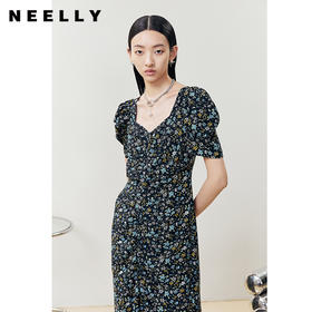 NEELLY纳俪商场同款碎花连衣裙女中长款抽褶拼接泡泡袖A字茶歇裙N23044Y04413