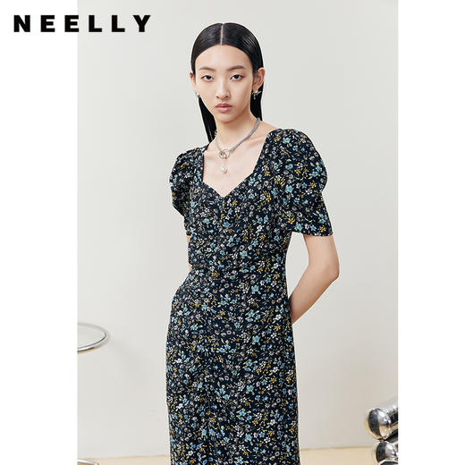 NEELLY纳俪商场同款碎花连衣裙女中长款抽褶拼接泡泡袖A字茶歇裙N23044Y04413 商品图0