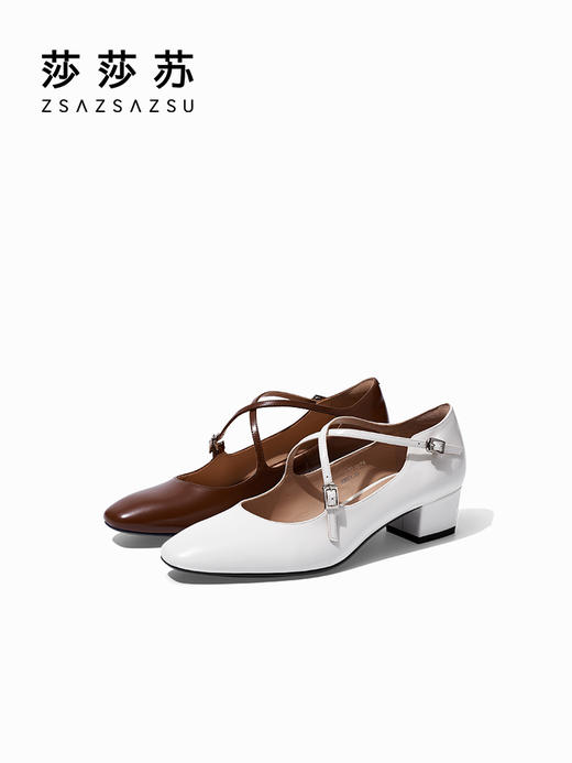 【2F】芭蕾少女莎莎苏2023春夏新款交叉扣方头玛丽珍法式粗跟单鞋小皮鞋 商品图3