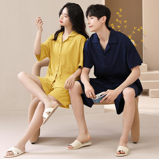 【宅家的艺术感❗️新款夏季情侣睡衣】舒适透气，可居家外穿，不挑身材，选用优质的面料，短袖针织棉纯色开衫翻领男女士家居服套装父亲节礼物优选七夕父亲节礼物新年礼盒年货礼盒 商品图0