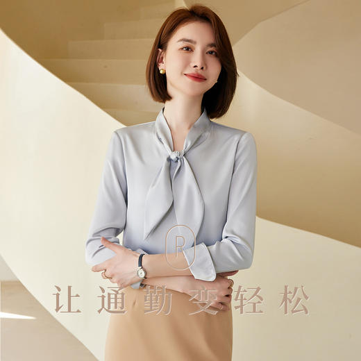 【气质系带领】罗蒙春夏女装长袖衬衫女士休闲百搭商务通勤套头气质飘带缎面衬衣 商品图2