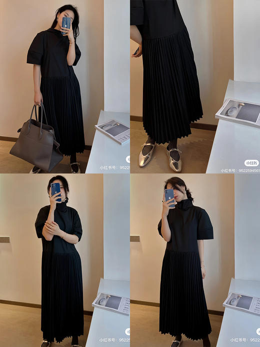 HIDEMI极简设计感廓形袖百褶连衣裙 卡其色/黑色 商品图2