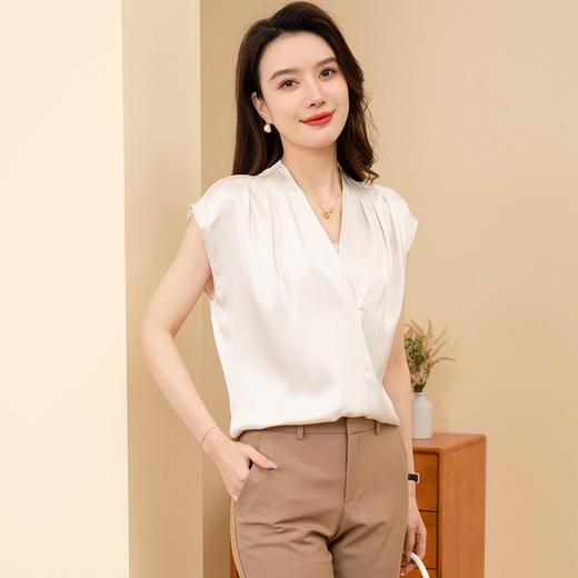 罗蒙夏季女装V领缎面衬衫无袖设计优雅时尚知性百搭衬衣女 商品图5