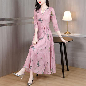 DD-连衣裙女2023夏季新款时尚洋气粉色法式V领显带感显中长款