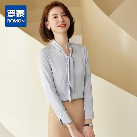 【气质系带领】罗蒙春夏女装长袖衬衫女士休闲百搭商务通勤套头气质飘带缎面衬衣 商品图0